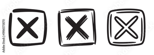 Set of three hand drawn black crosses in squares isolated on white.