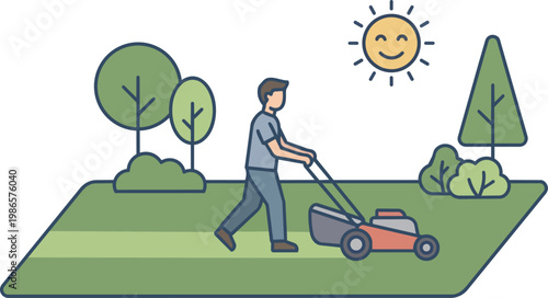 Man Mowing Lawn In Garden Yard.