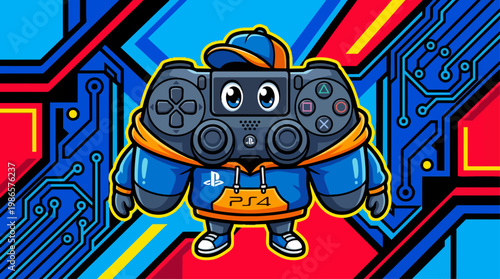 Cartoon robot gamer holding game controller.