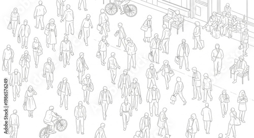 Crowd of people walking in a busy street scene illustration.