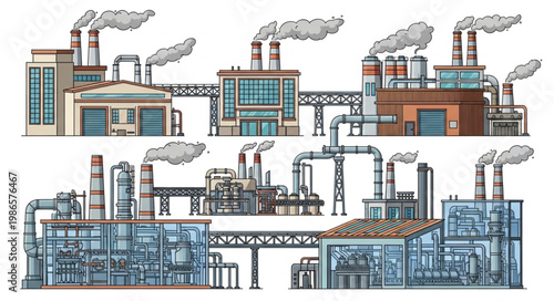 Industrial factory complex with smoking chimneys and connected buildings.