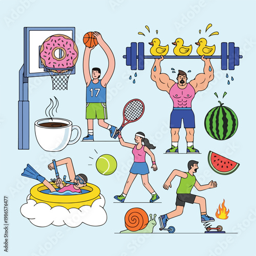 A colorful illustration of various sports and fitness activities