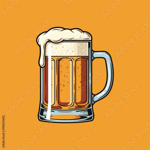 Cold glass of light beer with thick white foam on vibrant yellow background.