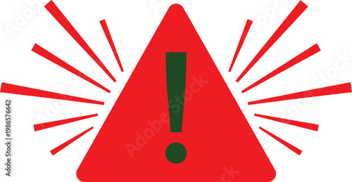 Red triangular warning sign with green exclamation mark and radiating lines, abstract caution symbol representing danger, alert, hazard, emergency, safety illustration