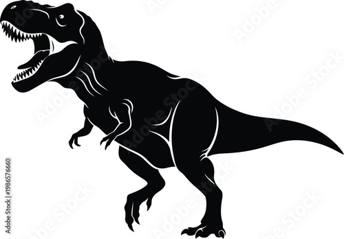 Black silhouette of a roaring Tyrannosaurus Rex dinosaur on white background