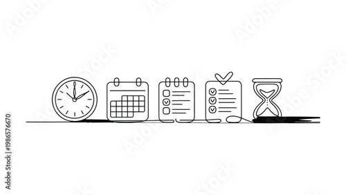 Minimalist line art icons representing concepts of time management planning scheduling and tasks with a clock calendar checklist and hourglass on a white background line art