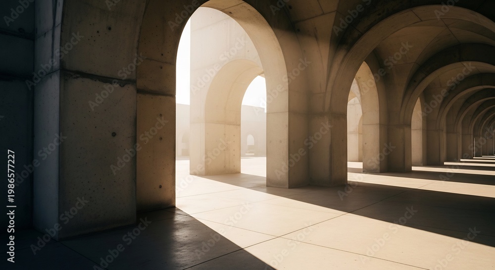 Fototapeta premium Sunlight streaming through ancient stone arches creating dramatic shadows.