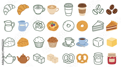 A vibrant collection of breakfast and bakery items, including pastries, coffee, tea, and sweet treats, arranged in a grid.