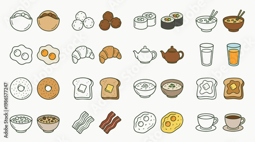 A diverse collection of breakfast food items and drinks, including eggs, pastries, cereals, toast, sushi, and beverages, presented in a clean, illustrative style.