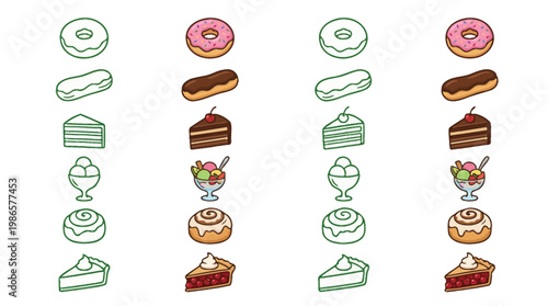 A visual comparison of outlined and colored dessert illustrations, showcasing a variety of sweet treats.