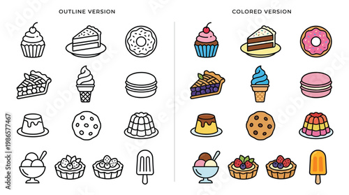 Collection of outline and colored dessert icons, showcasing a variety of sweet treats like cupcakes, cakes, donuts, and pies.