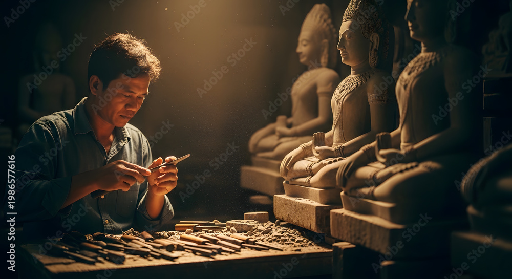 Fototapeta premium Dedicated craftsman using a chisel and hammer to refine the intricate details of a seated stone figure