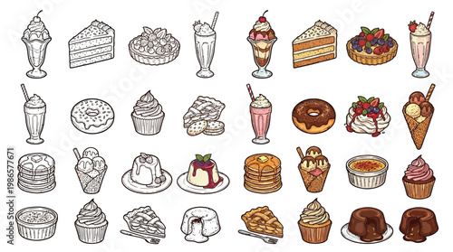 A comprehensive collection of various sweet desserts and treats, including cakes, pies, ice cream, and pastries, presented in a detailed illustration.