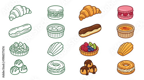 A delightful collection of French pastries and baked goods, including croissants, eclairs, macarons, and tarts, presented in a charming illustration.