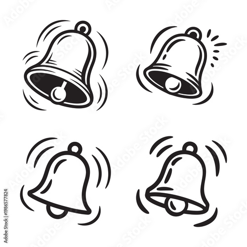 Set of four doodle outline ringing bells with vibration effect.