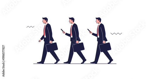 Three identical businessmen in dark suits walking in a row while using their mobile phones in a very minimal art style.