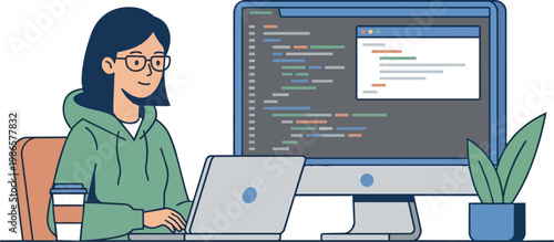 Female Programmer Coding at Desk with Laptop and Monitor.