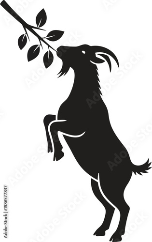 black silhouette goat eating leaves branch standing on hind legs