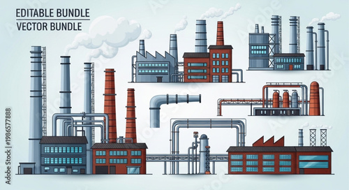 Industrial factory buildings and structures with smoke stacks.