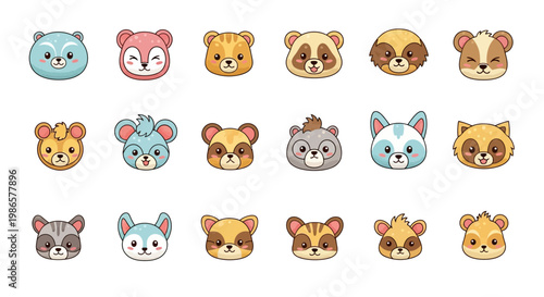 Collection of cute animal faces icons.