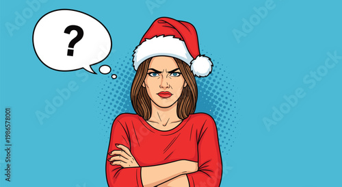 Annoyed and angry woman in a Santa hat with crossed arms and a question mark speech bubble on a blue dotted background.