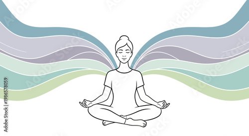 Woman meditating in lotus position with wavy lines.