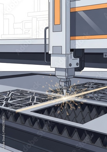 Industrial laser cutting machine processes a metal sheet with bright sparks.