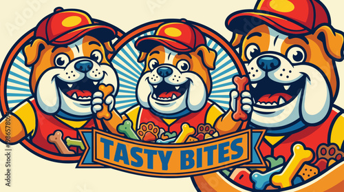 Three cartoon dogs with Tasty Bites banner.