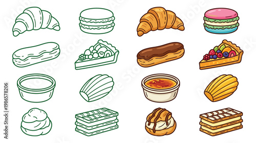 A vibrant collection of colorful and detailed illustrations of various French pastries and desserts, presented in a clean, graphic style.