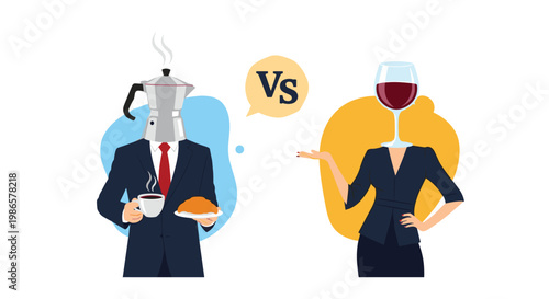 Comparison between coffee and wine with characters having a moka pot and a wine glass instead of heads on background.