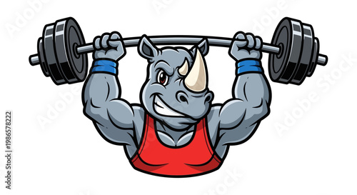 Cartoon rhino lifting heavy weights strong.