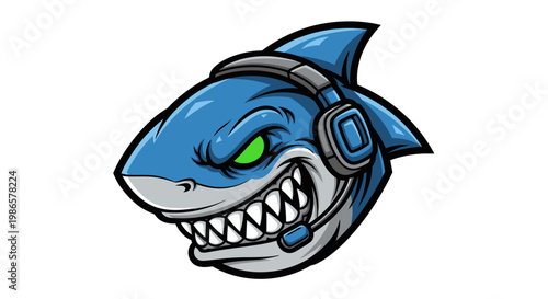 Cartoon shark wearing headphones smiling.