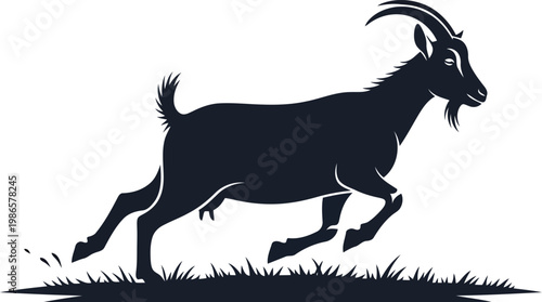 black silhouette of a running goat on grass