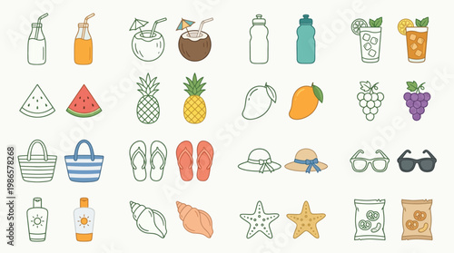 A vibrant collection of summer-themed icons, featuring refreshing drinks, tropical fruits, beach accessories, and seaside elements, perfect for vacation and leisure designs.