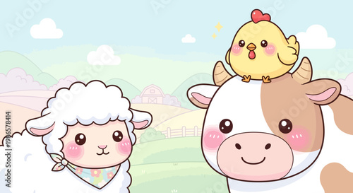 Cute farm animals in a field.