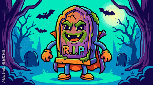 Cartoon coffin character in spooky graveyard.