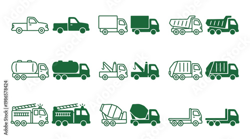 Fotografie Collection of various green truck icons, including pickup trucks, dump trucks, tow trucks, garbage trucks, cement mixers, and fire trucks