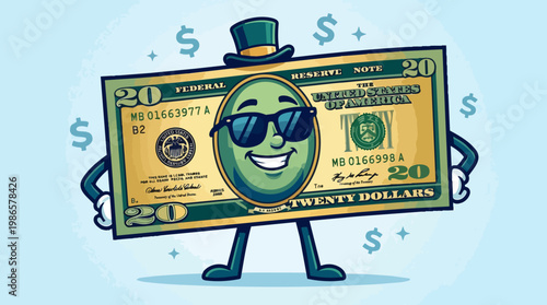 Cartoon Dollar Bill Character With Sunglasses.
