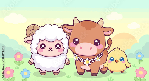 Cute cartoon farm animals standing together.