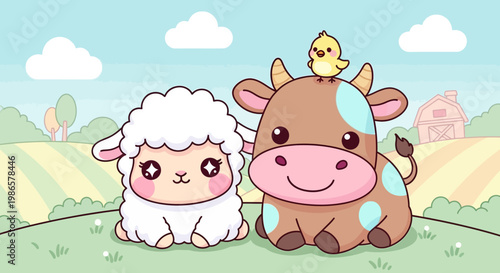 A happy cartoon illustration of a cute cow with her baby calf and fresh milk on a farm featuring funny domestic animals like a pink pig and a lamb in a nature vector isolated on white