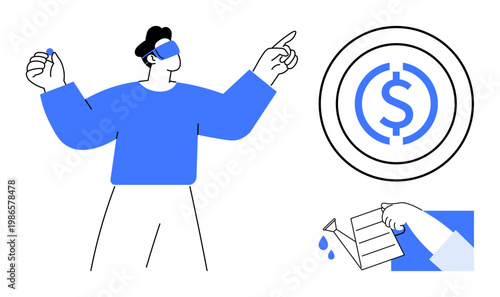 Financial literacy, budgeting, savings, economic risk, decision making, wealth planning. Blindfolded person pointing next to dollar sign and leaking wallet. Financial literacy and budgeting concept