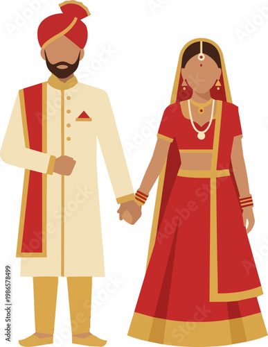 Indian wedding couple in traditional attire holding hands.