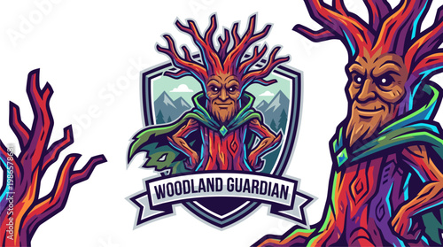 Woodland Guardian Tree Creature Logo Illustration.