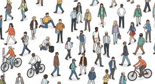 Diverse group of people walking and cycling in a busy urban environment.