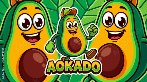 Cheerful avocado cartoon family characters.