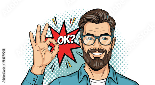Handsome bearded man with glasses in pop art style shows an okay hand gesture next to a red starburst with text.