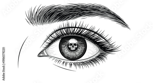 Dramatic black and white illustration shows a human eye with a creepy skull reflected clearly in the center of the pupil.