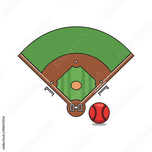 Top view illustration of a green baseball field diamond with a red ball and professional sports stadium layout.