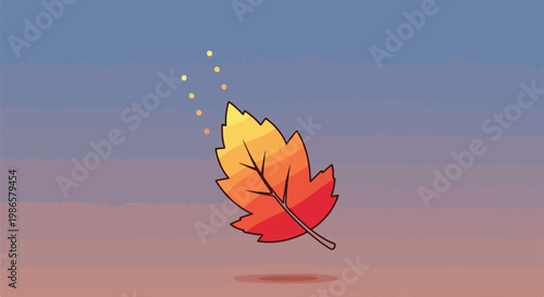 A colorful leaf floats in the air with particles trailing