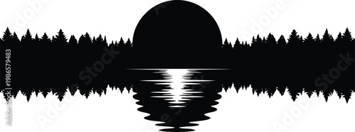 black silhouette of sunset over lake with trees on horizon